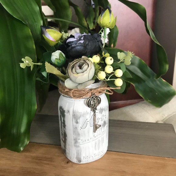 Handmade Black and Gray Floral Arrangement in Metallic Silver and White Kerr Jar - Picture 4 of 7